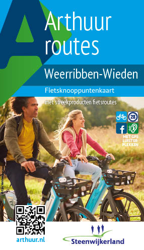 Cover Arthuur routes fietsknoopuntenkaart Weerribben Wieden met daarop twee twintigers op de fiets in zomerse kledij.